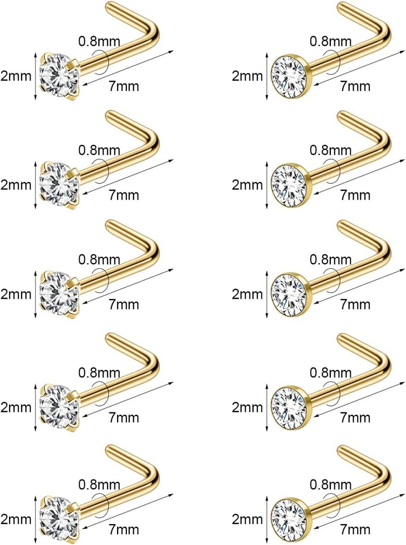 AccGin Store 6-10Pcs 18G 20G Nose Ring Surgical Steel Nose Rings Studs Piercing For Women Men 1.5mm 2mm 2.5mm 3mm Round Diamond CZ L Shaped Corkscrew Gold Black Silver Nose Piercing Hypoallergenic - Image 2